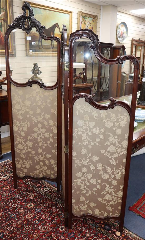 A Victorian glazed mahogany three fold dressing screen H.190cm